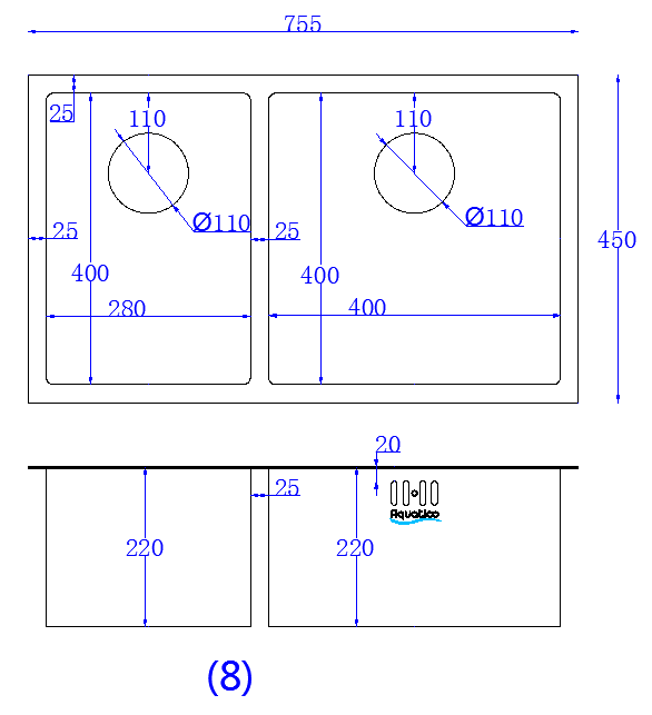 ELEGANTE Brushed Stainless Steel With Two Deep Sink Bowls 420mm And 280mm Width