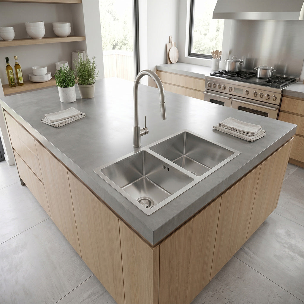 ELEGANTE Brushed Stainless Steel With Two Deep Sink Bowls 420mm And 280mm Width
