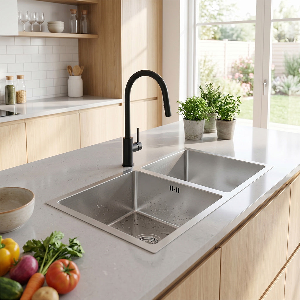 ELEGANTE Nano Coated Stainless Steel With Two Deep Sink Bowls 420mm And 280mm Width